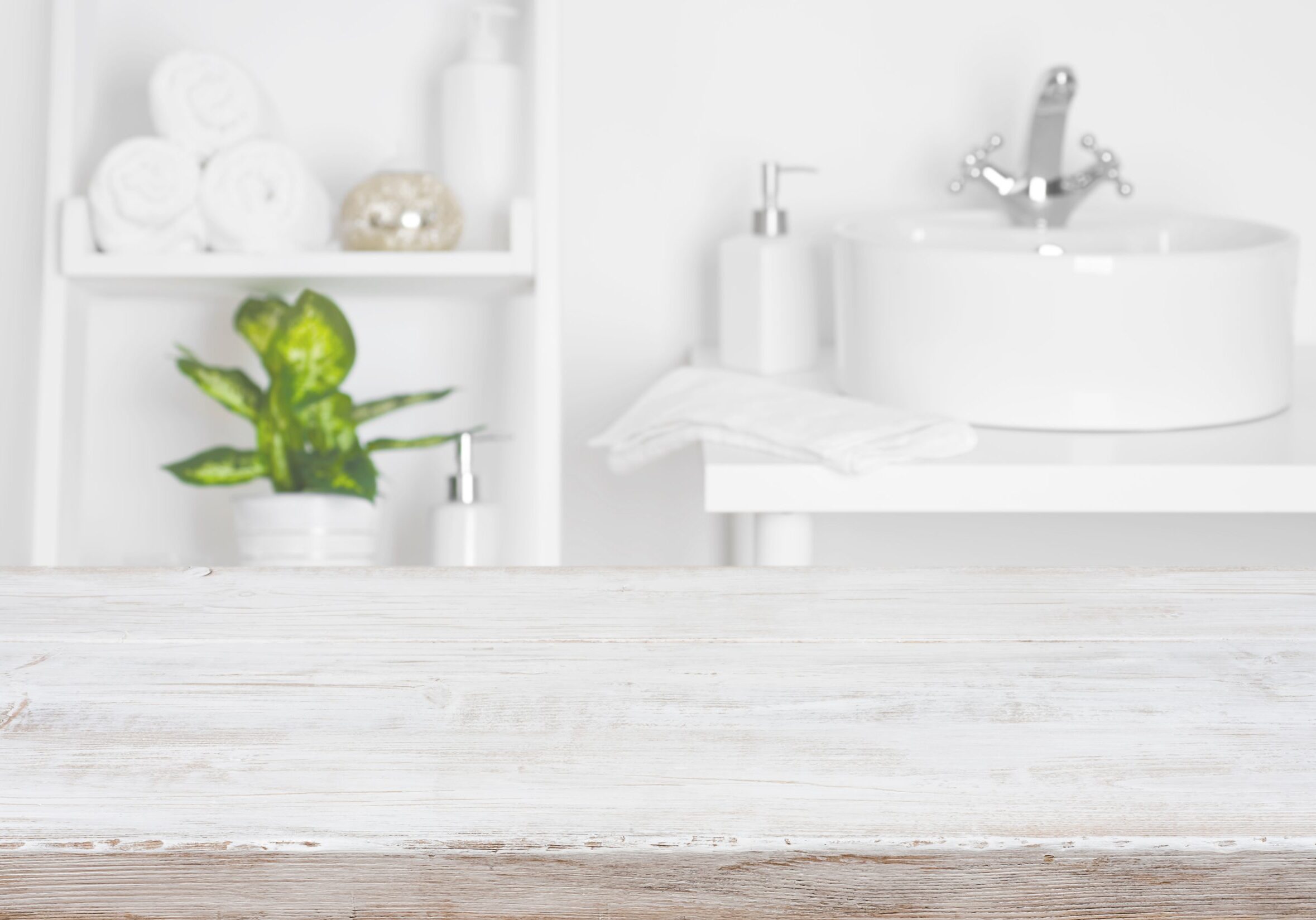 Wooden,Table,Over,Blurred,Spa,Salon,Bathroom,Shelves,Background